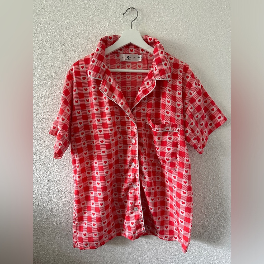 Red heart gingham pajama set, size XL.
